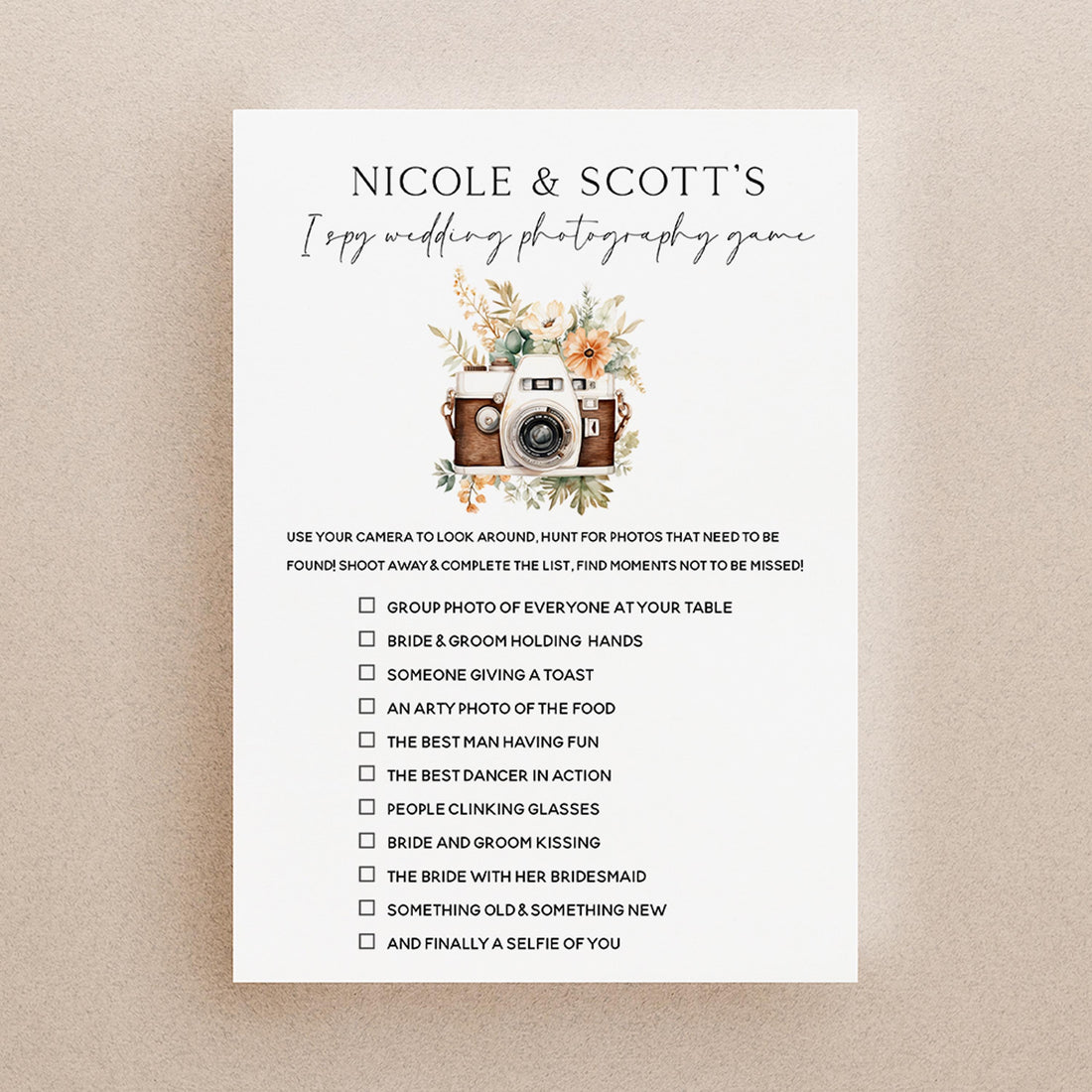 Personalised Wedding I Spy Game Table Activity, Handmade, Ice Breaker, Wedding Day Games, Wedding Favours & Accessories Boho Camera Theme A5