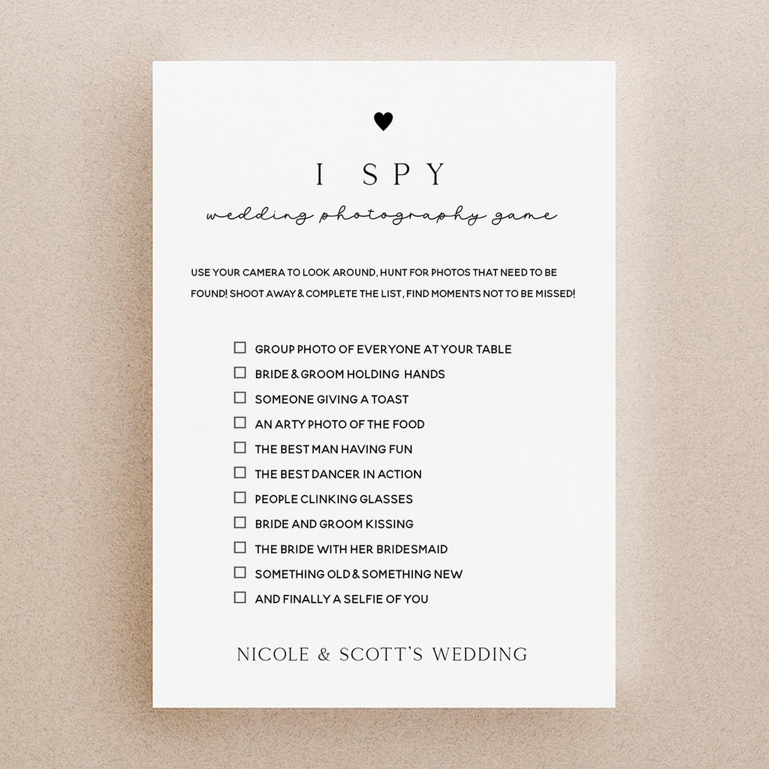 Personalised Wedding I Spy Game Table Activity, Handmade, Ice Breaker, Wedding Day Games, Wedding Favours &amp; Accessories Minimal Heart Theme
