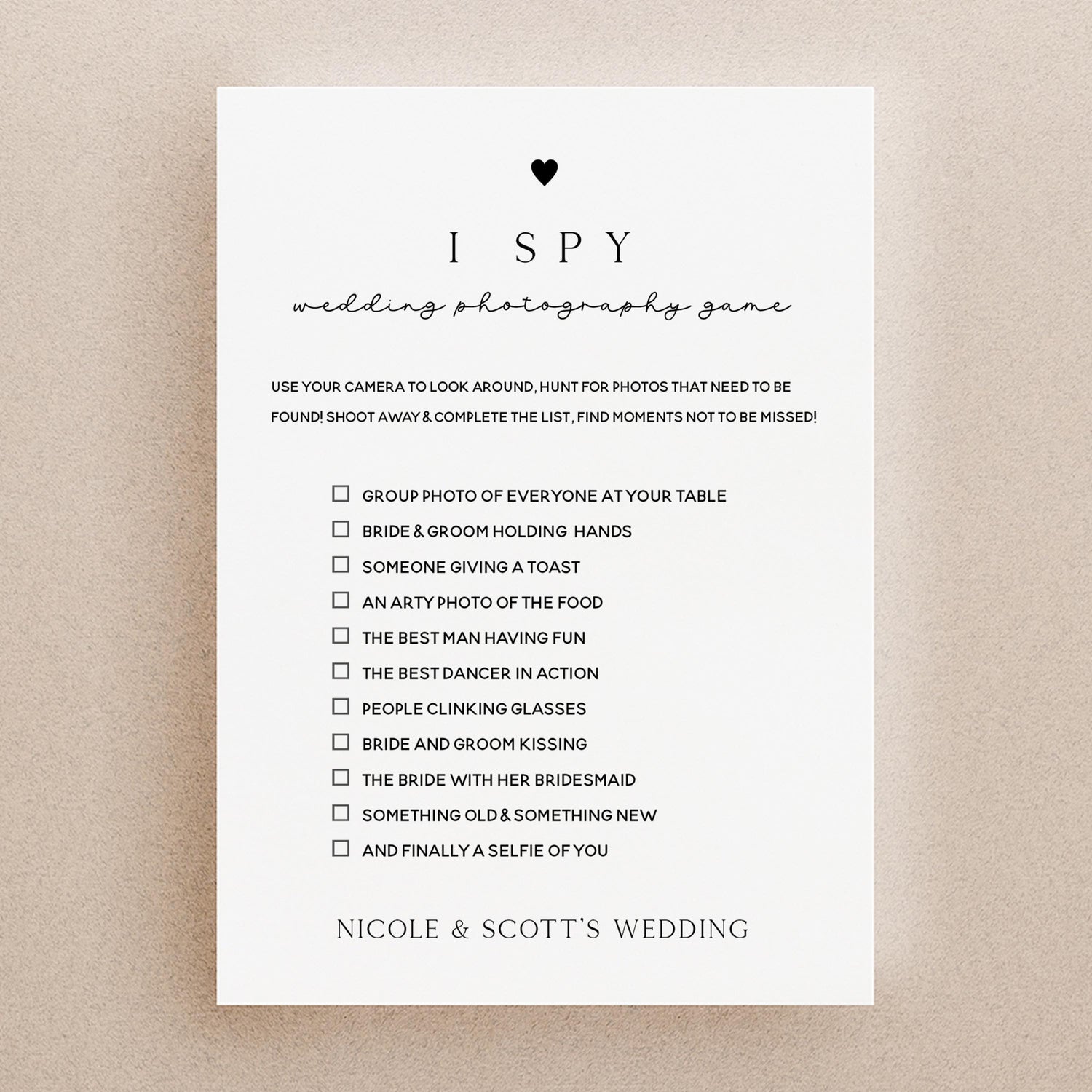 Personalised Wedding I Spy Game Table Activity, Handmade, Ice Breaker, Wedding Day Games, Wedding Favours &amp; Accessories Minimal Heart Theme