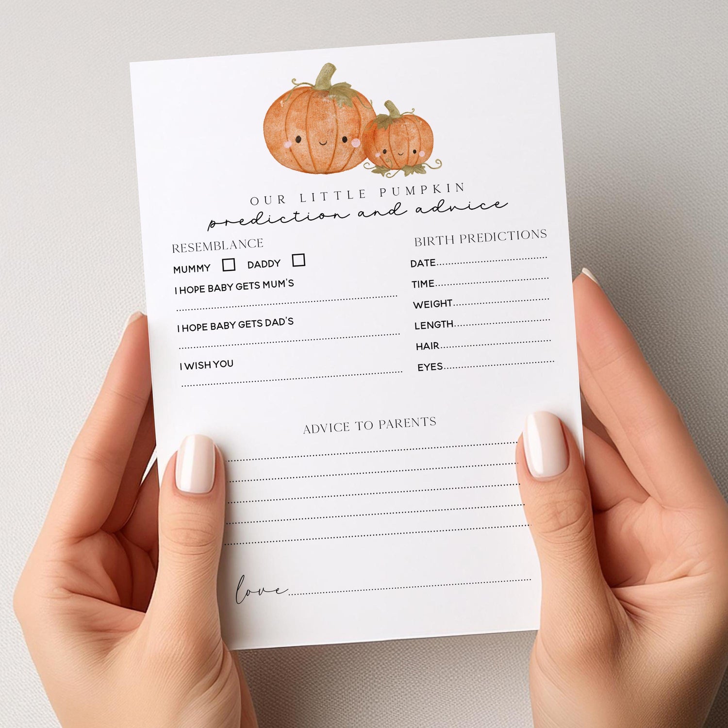 Baby Shower Pumpkin Prediction Advice Cards, Halloween Baby Shower, Little Pumpkin, Autumn, Mum To Be Gender Reveal Party Games Favours