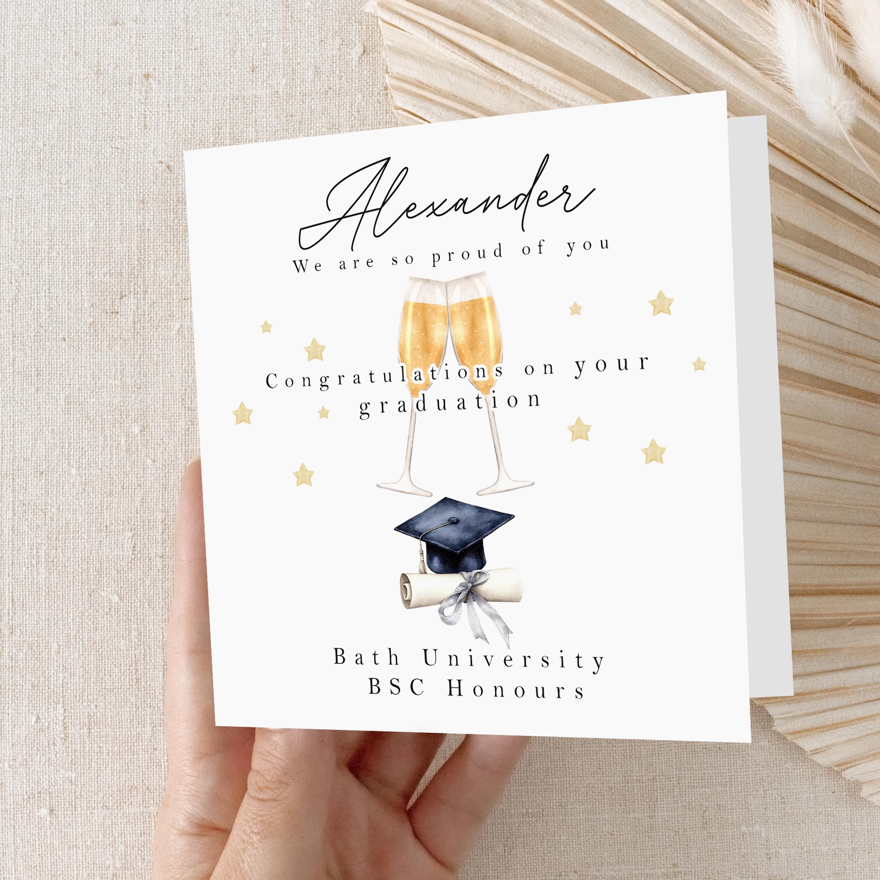 Graduation Card-Personalised Card-Graduated Champagne Glasses Card-Well Done-Card For Graduation Day-Card For Son, Daughter, Graduation Gift