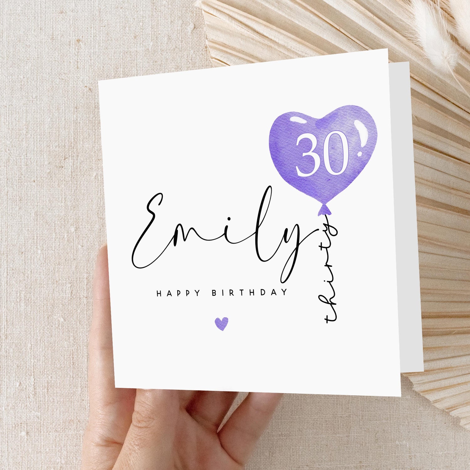 Personalised 30th Birthday Card, Special Milestone Card, Birthday For Daughter, Purple Balloon 30, Thirty Minimal-Kraft Envelope Included