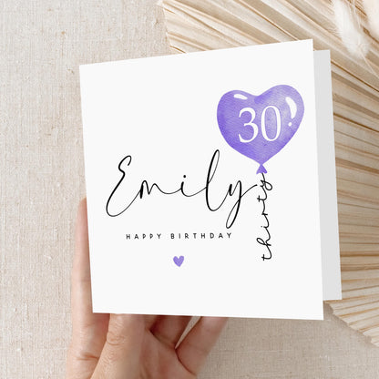 Personalised 30th Birthday Card, Special Milestone Card, Birthday For Daughter, Purple Balloon 30, Thirty Minimal-Kraft Envelope Included