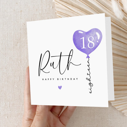 Personalised 18th Birthday Card, Special Milestone Birthday, Eighteenth,Daughter, Granddaughter, Sister, Niece  Card, Purple Balloon 18