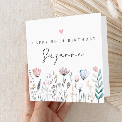 Personalised 50th Birthday Card, Special Milestone Card, Birthday Card For Mum, Wife, Sister, Friend, Auntie, Fiftieth Birthday, Flowers