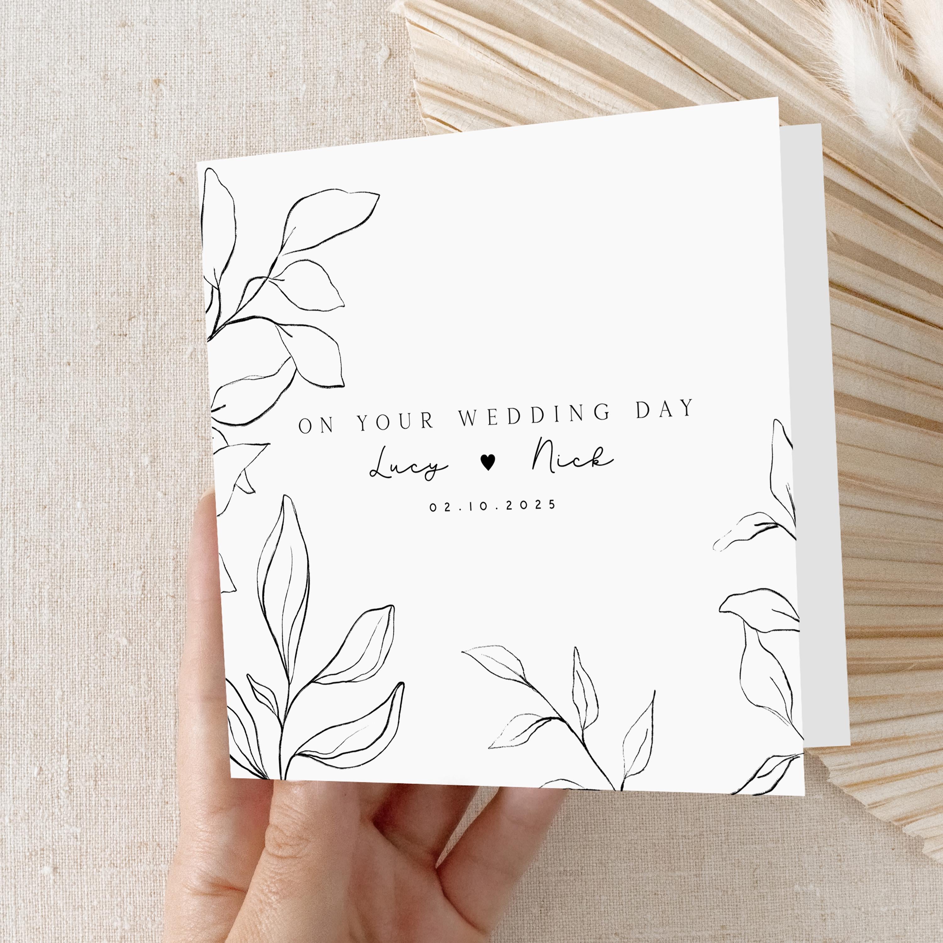 Personalised Wedding Day Card, Handmade Botanics Line Drawn Card For Newlywed Couple, Wedding Gift, Congratulations On Your Wedding Day