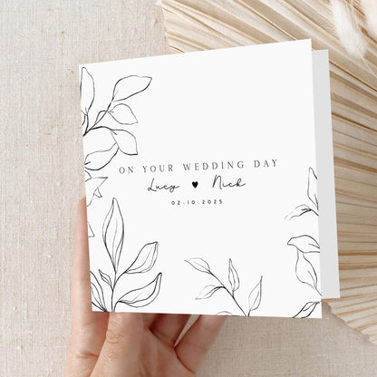 Personalised Wedding Day Card, Handmade Botanics Line Drawn Card For Newlywed Couple, Wedding Gift, Congratulations On Your Wedding Day
