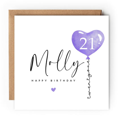 Personalised 21st Birthday Card, Special Milestone Card, Birthday Card For Daughter, Friend, Niece, Purple Heart Balloon 21, Twenty First