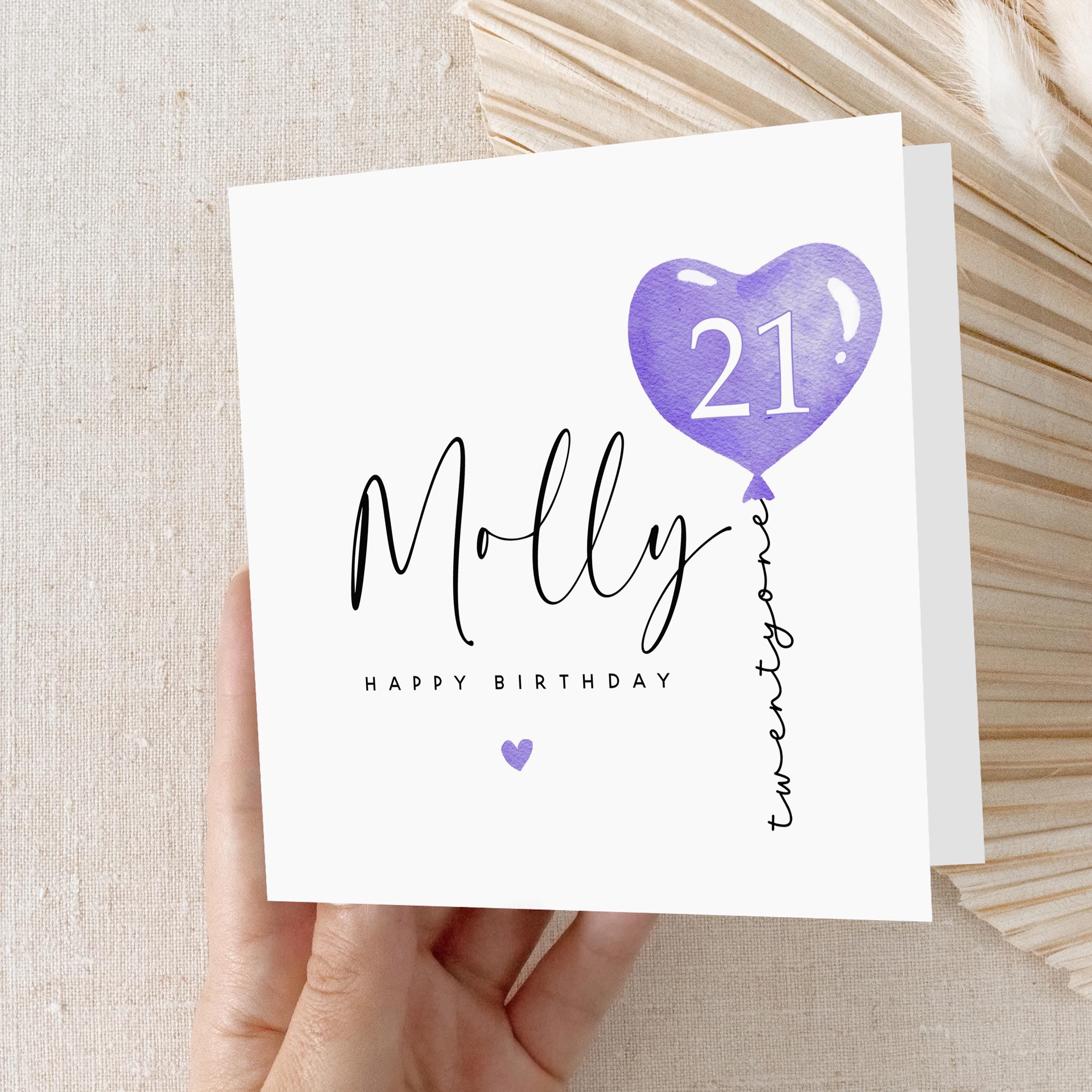 Personalised 21st Birthday Card, Special Milestone Card, Birthday Card For Daughter, Friend, Niece, Purple Heart Balloon 21, Twenty First
