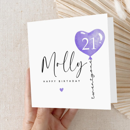 Personalised 21st Birthday Card, Special Milestone Card, Birthday Card For Daughter, Friend, Niece, Purple Heart Balloon 21, Twenty First