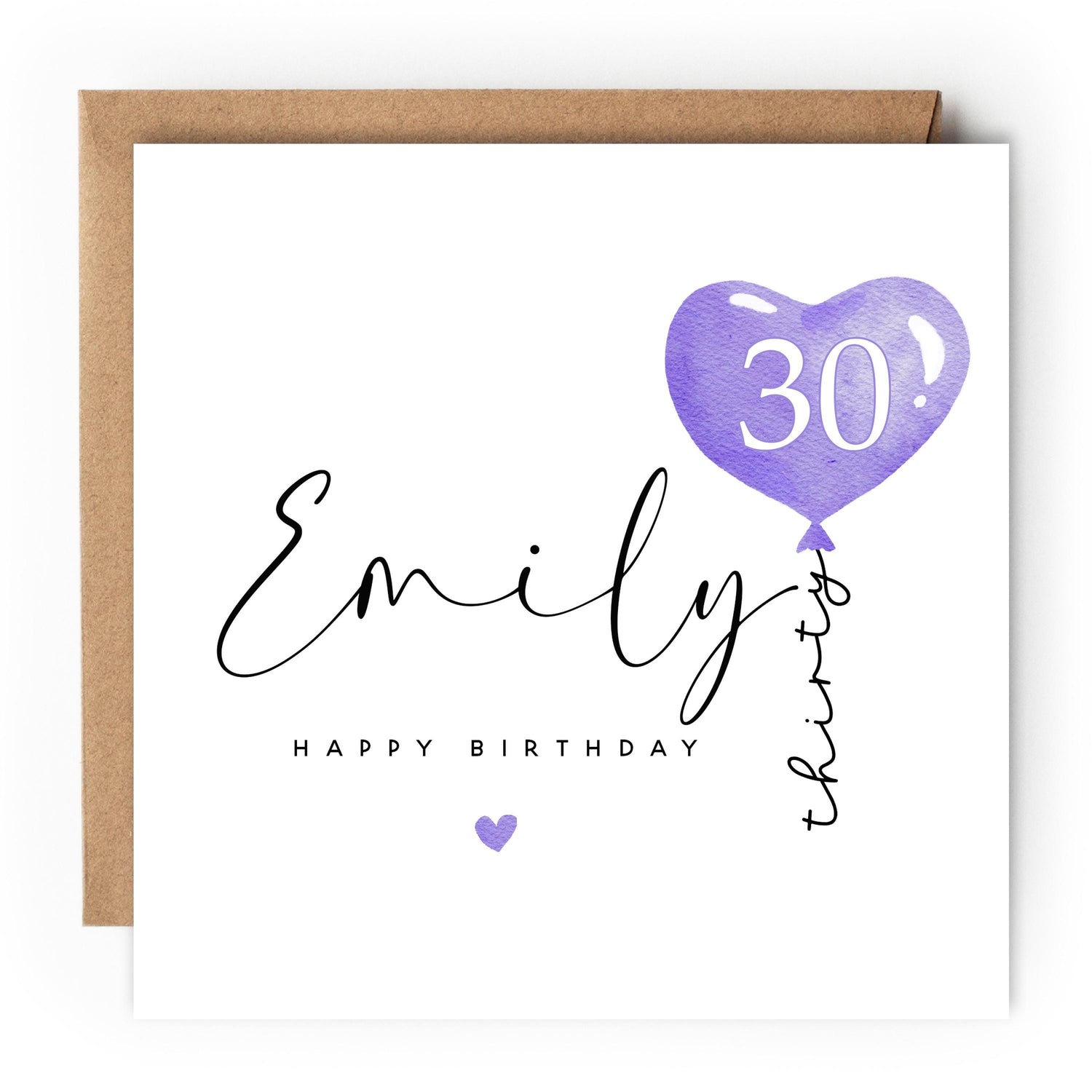 Personalised 30th Birthday Card, Special Milestone Card, Birthday For Daughter, Purple Balloon 30, Thirty Minimal-Kraft Envelope Included