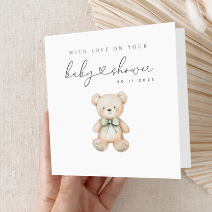 Personalised Baby shower Card, Baby Shower Gift, New Mum To Be, Gender Neutral Card, Baby Shower Card, Handmade Gift, Sage Ribbon Teddy Bear