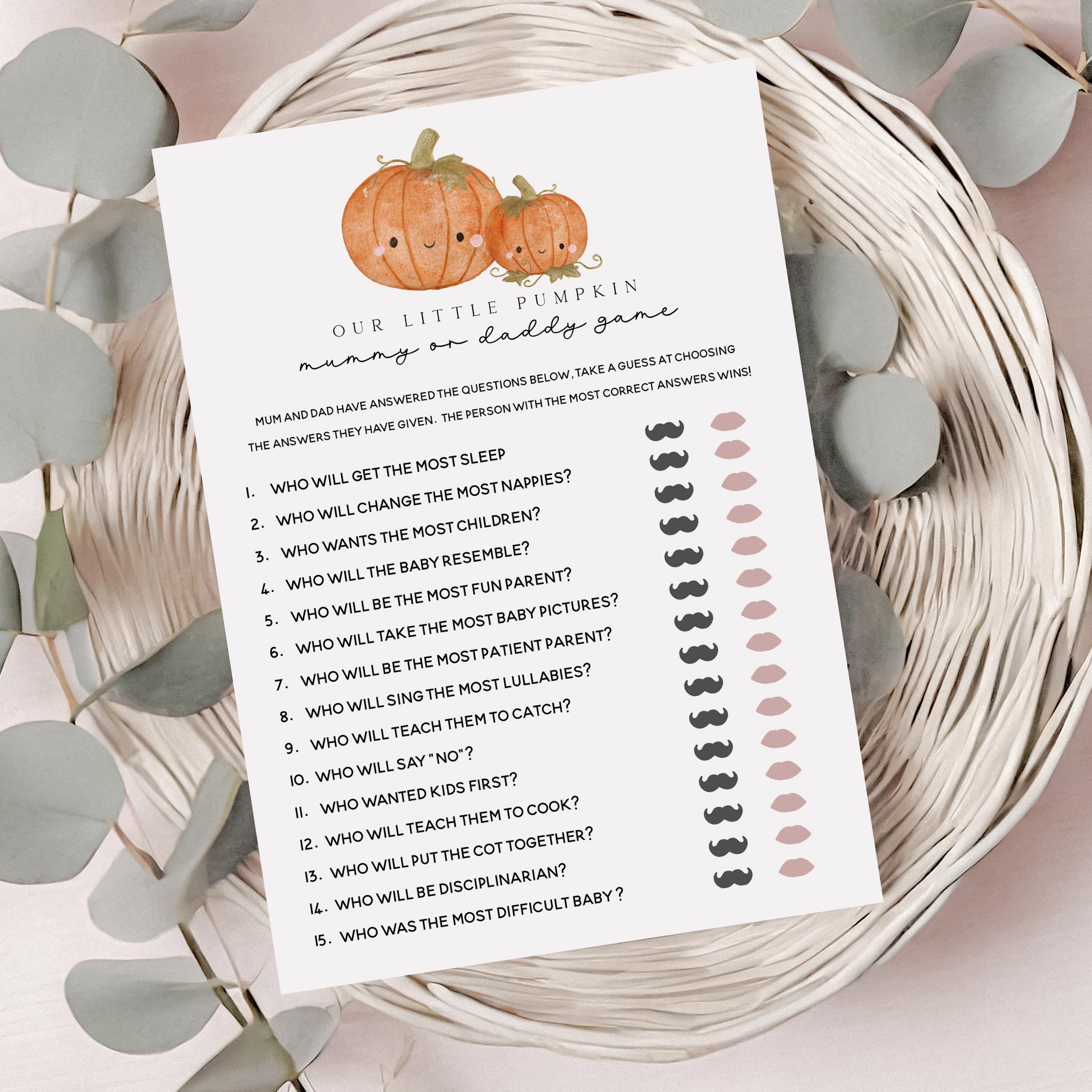 Baby Shower Pumpkin Mummy Or Daddy Game Cards, Halloween Baby Shower, Little Pumpkin, Autumn, Mum To Be Gender Reveal Party Games Favours