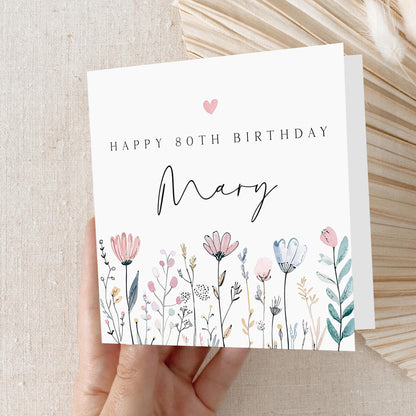 Personalised 80th Birthday Card, Special Milestone Card, Birthday Card For Mum, Nan, Grandma, Friend, Auntie, Eightieth Birthday, Flowers