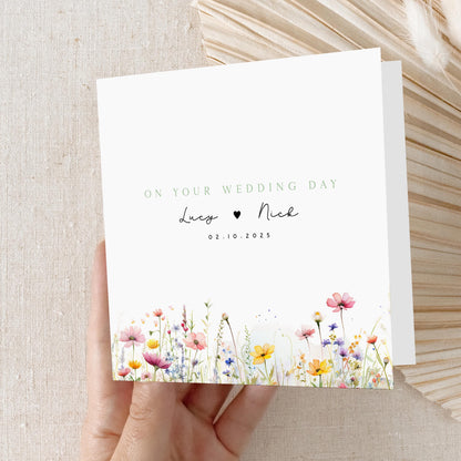Personalised Wedding Day Card, Handmade Wildflower Card For Newlywed Couple, Just Married, Wedding Gift, Congratulations On Your Wedding Day