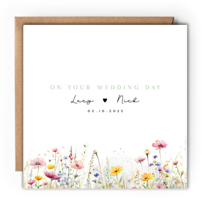 Personalised Wedding Day Card, Handmade Wildflower Card For Newlywed Couple, Just Married, Wedding Gift, Congratulations On Your Wedding Day