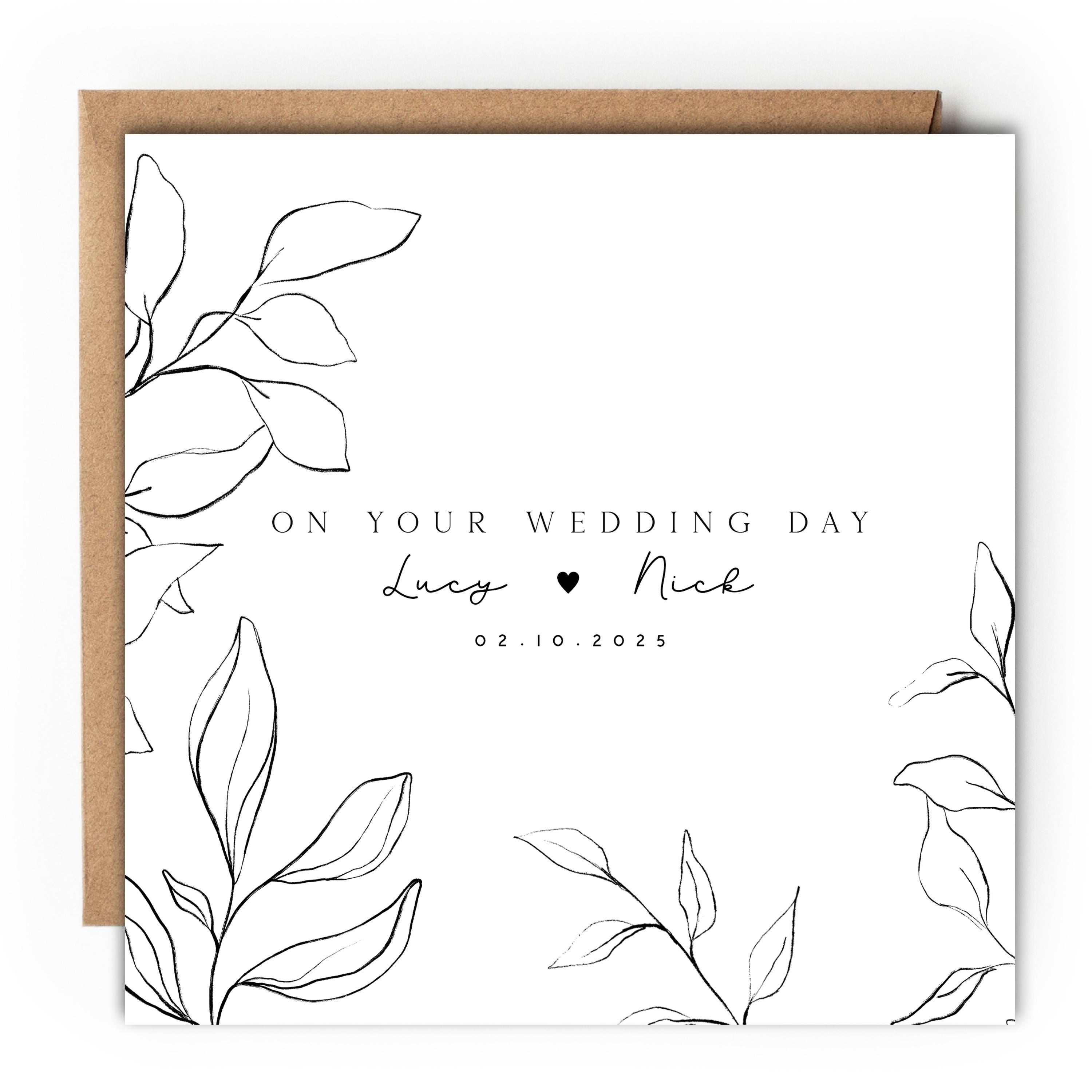 Personalised Wedding Day Card, Handmade Botanics Line Drawn Card For Newlywed Couple, Wedding Gift, Congratulations On Your Wedding Day