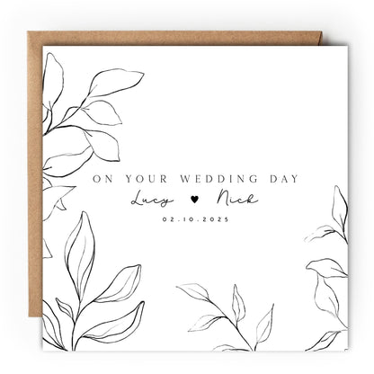 Personalised Wedding Day Card, Handmade Botanics Line Drawn Card For Newlywed Couple, Wedding Gift, Congratulations On Your Wedding Day