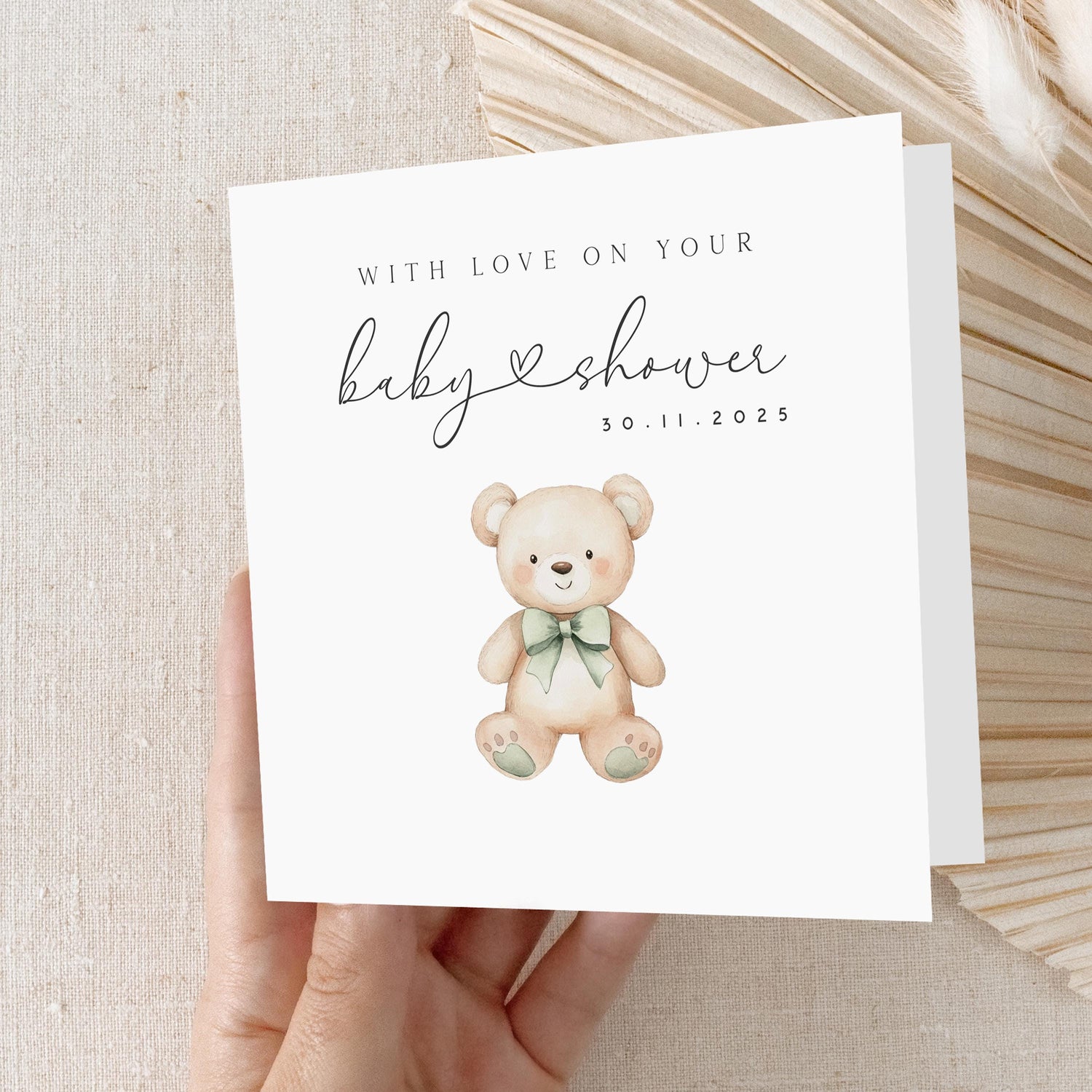 Personalised Baby Shower Card For A New Mum To Be, A Beautiful Handmade Gender Neutral Card, Featuring An A Cute Teddy &amp; Sage Bow