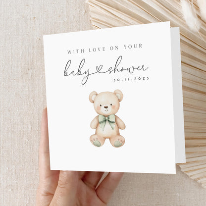 Personalised Baby Shower Card For A New Mum To Be, A Beautiful Handmade Gender Neutral Card, Featuring An A Cute Teddy &amp; Sage Bow