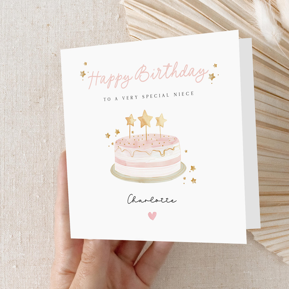 Personalised Birthday Card, Girls Birthday Cards, Pink Cake Gold Star, Daughter, Granddaughter, Niece Birthday Card, Kraft Envelope Included