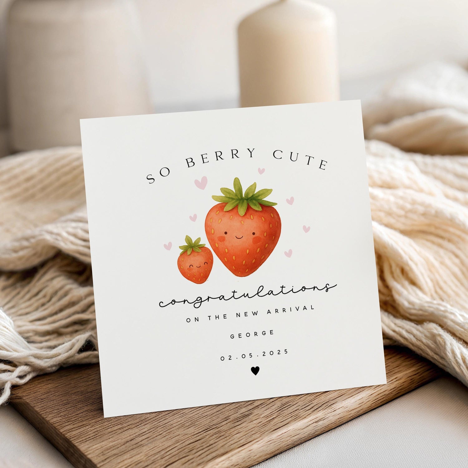 Personalised New Baby Card, Welcome To The World Card, Strawberry Design, Newborn Baby, Congratulations New Parents, Kraft Envelope Style 2