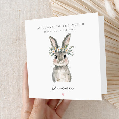 Personalised New Baby Card, Welcome To The World Card, Bunny Rabbit Design, Newborn Baby Girl, Congratulations New Parents, Congratulations
