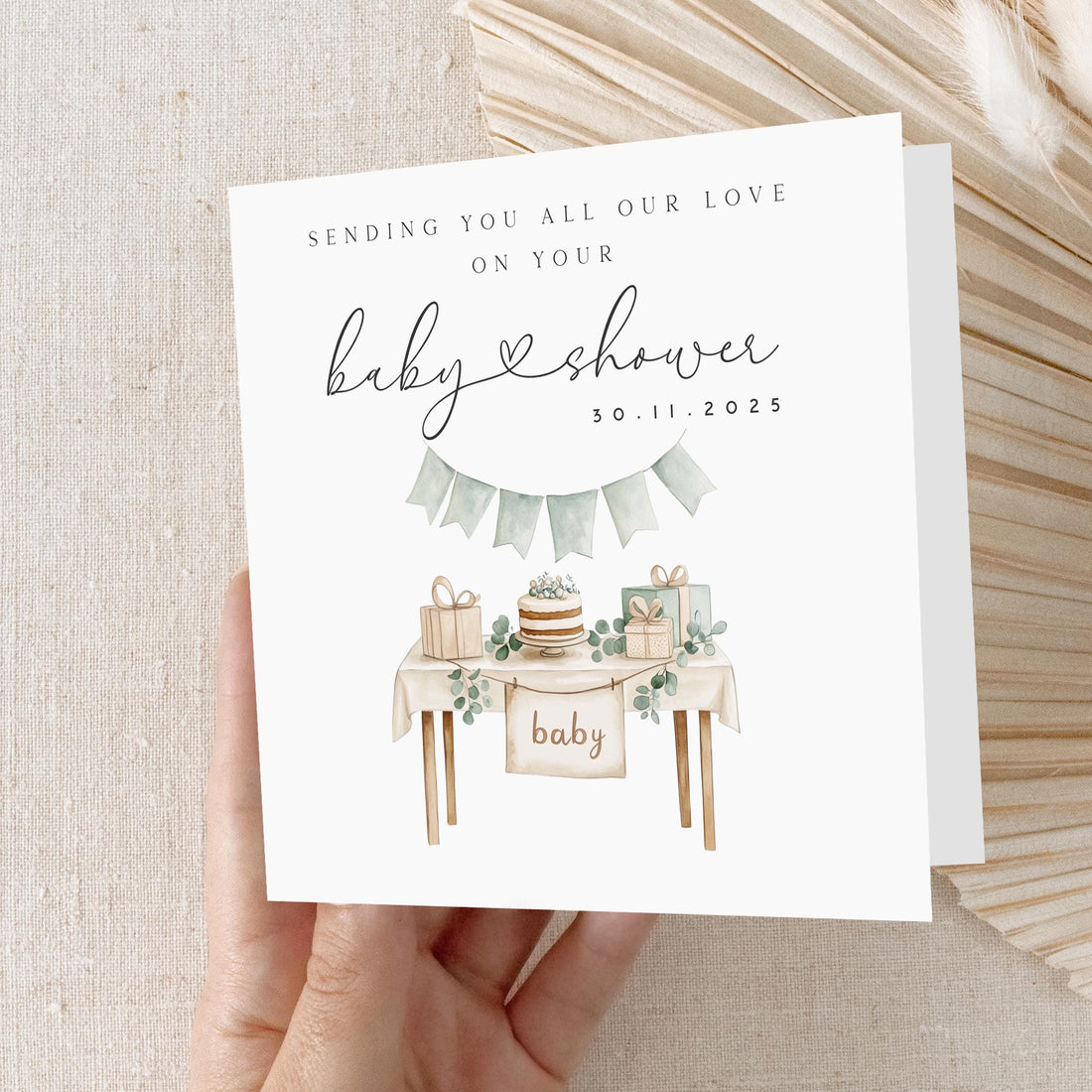 Personalised Baby Shower Card For A New Mum To Be, A Beautiful Handmade Gender Neutral Card, Featuring A Baby Shower Table & Banner