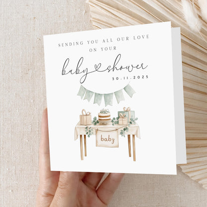 Personalised Baby Shower Card For A New Mum To Be, A Beautiful Handmade Gender Neutral Card, Featuring A Baby Shower Table &amp; Banner