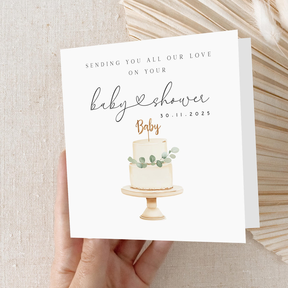 Personalised Baby Shower Card For A New Mum To Be, A Beautiful Handmade Gender Neutral Card, Featuring An Tiered Cake With Botanic Elements