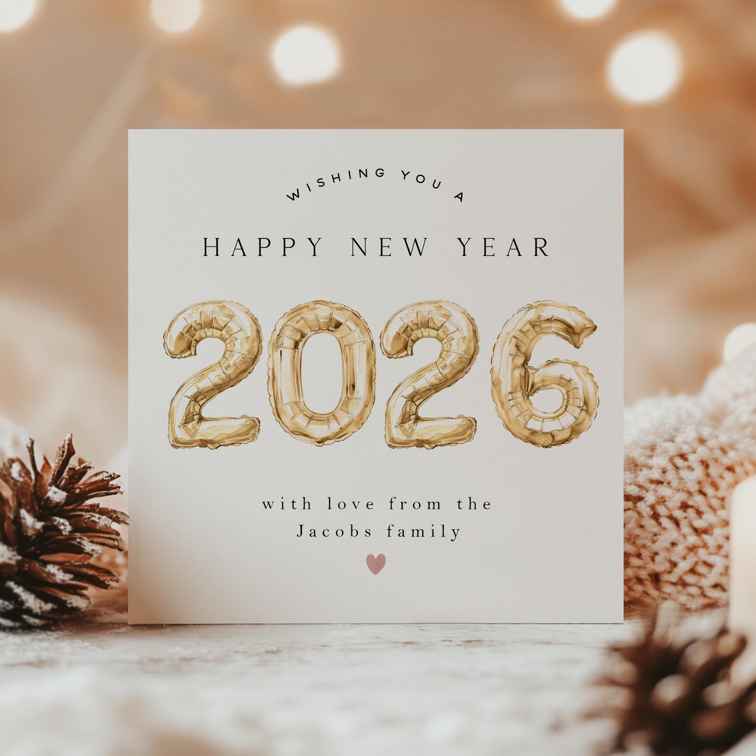 Happy New Year Card, Personalised Card, New Year Family Card, Christmas Cards, 2026 New Year, Gold Balloon Design, Custom -Kraft Envelope