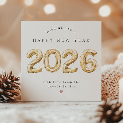 Happy New Year Card, Personalised Card, New Year Family Card, Christmas Cards, 2026 New Year, Gold Balloon Design, Custom -Kraft Envelope