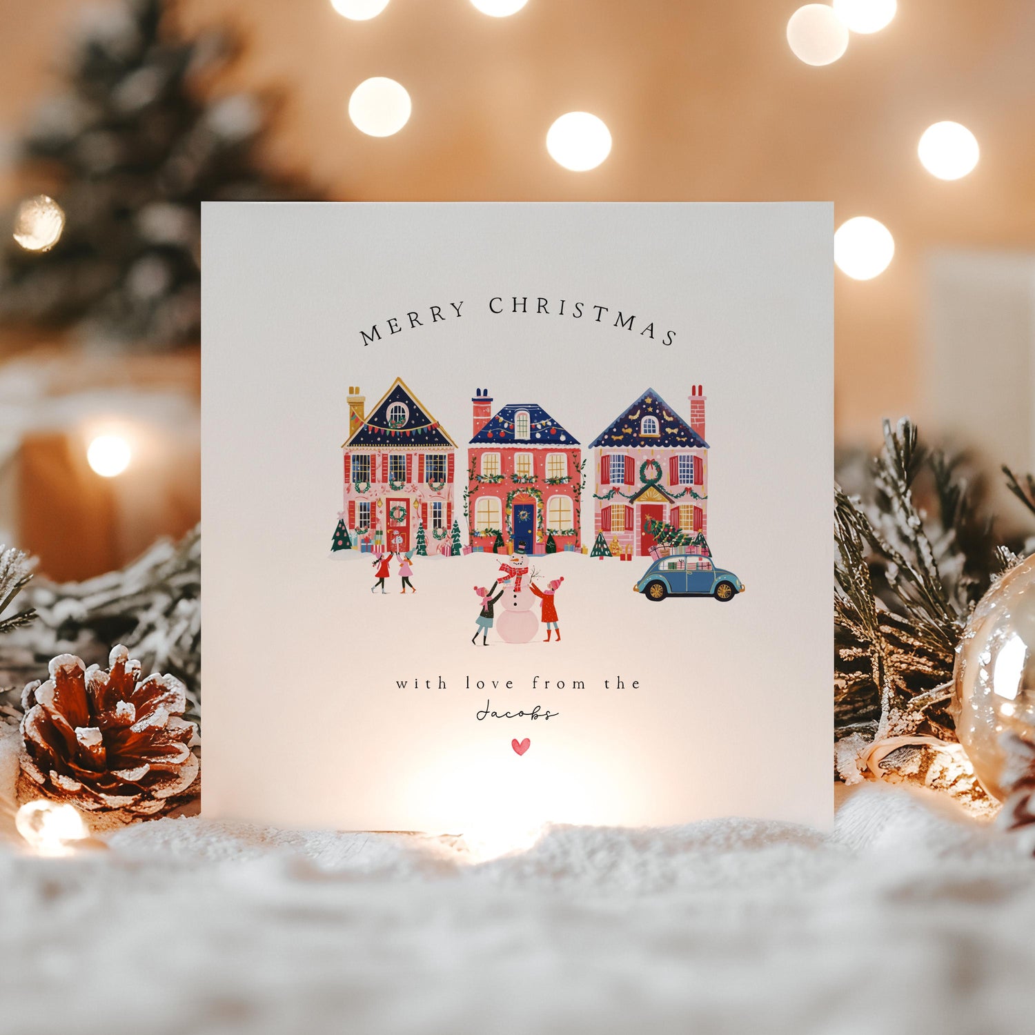 Personalised Christmas Card From Family, Christmas Card From All Of Us, Christmas Card For Friends ,Family,Couple,Festive Winter House Scene
