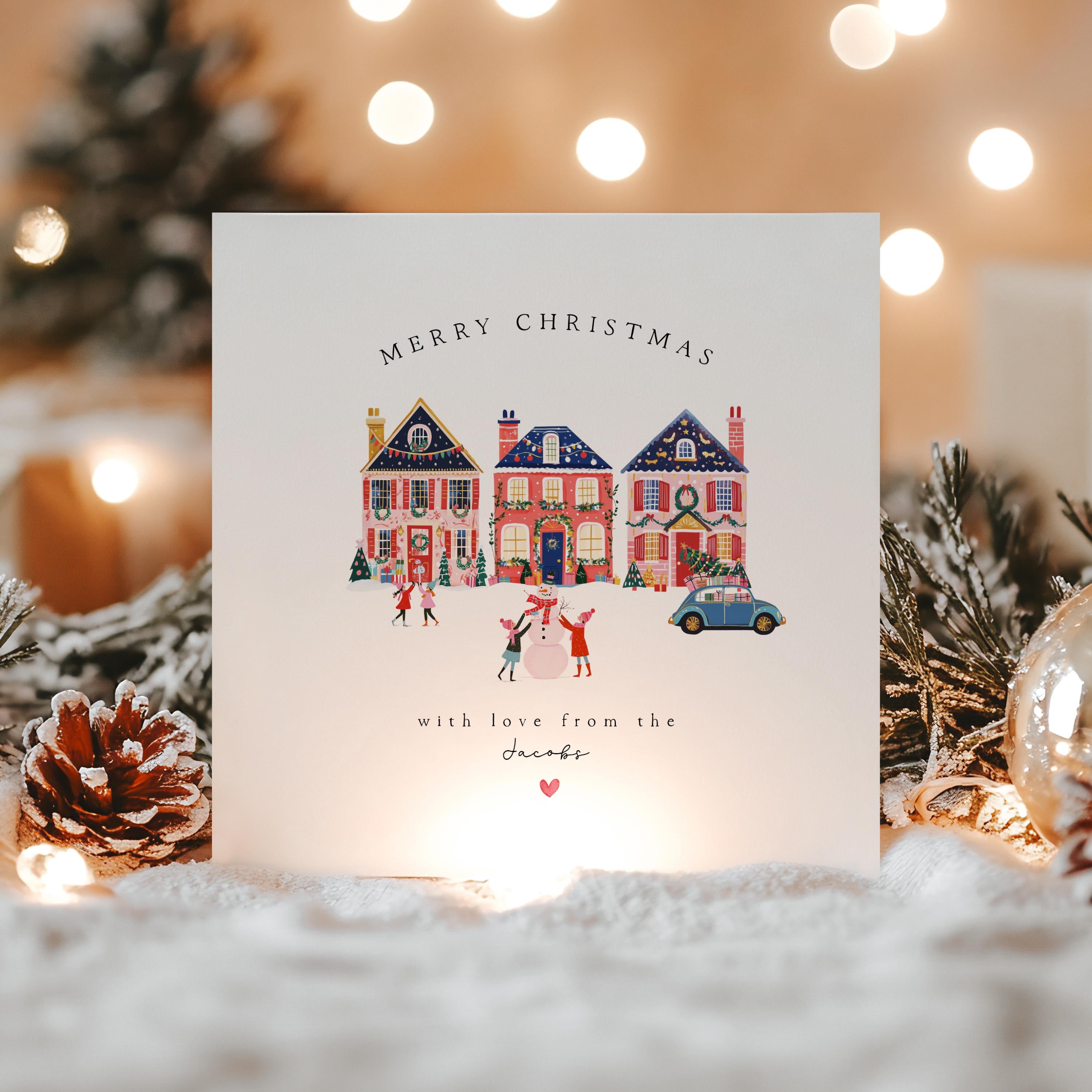 Personalised Christmas Card From Family, Christmas Card From All Of Us, Christmas Card For Friends ,Family,Couple,Festive Winter House Scene
