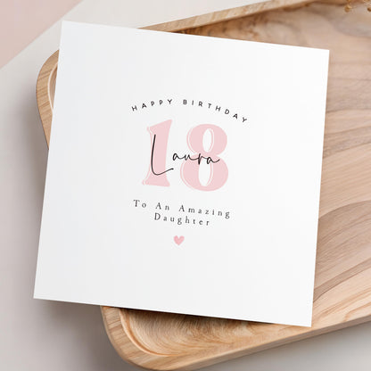 Personalised 18th Birthday Card, Special Milestone Birthday, Eighteenth, Daughter, Granddaughter, Sister, Niece Birthday Card, Small Pink 18