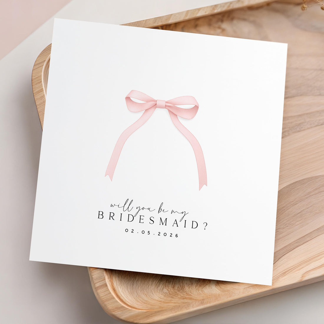 Personalised Bridesmaid Card, Handmade Wedding Card,  Bridesmaid Proposal Card, Pink Ribbon Tied Wedding Card, Kraft Envelope
