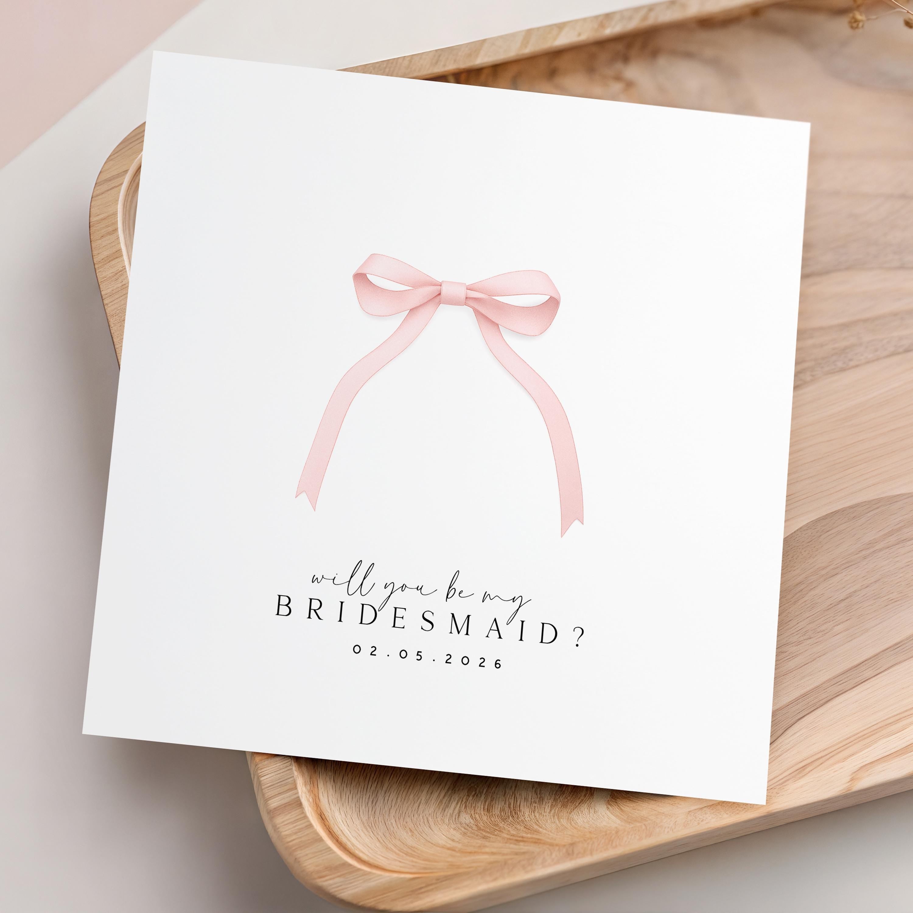 Personalised Bridesmaid Card, Handmade Wedding Card,  Bridesmaid Proposal Card, Pink Ribbon Tied Wedding Card, Kraft Envelope