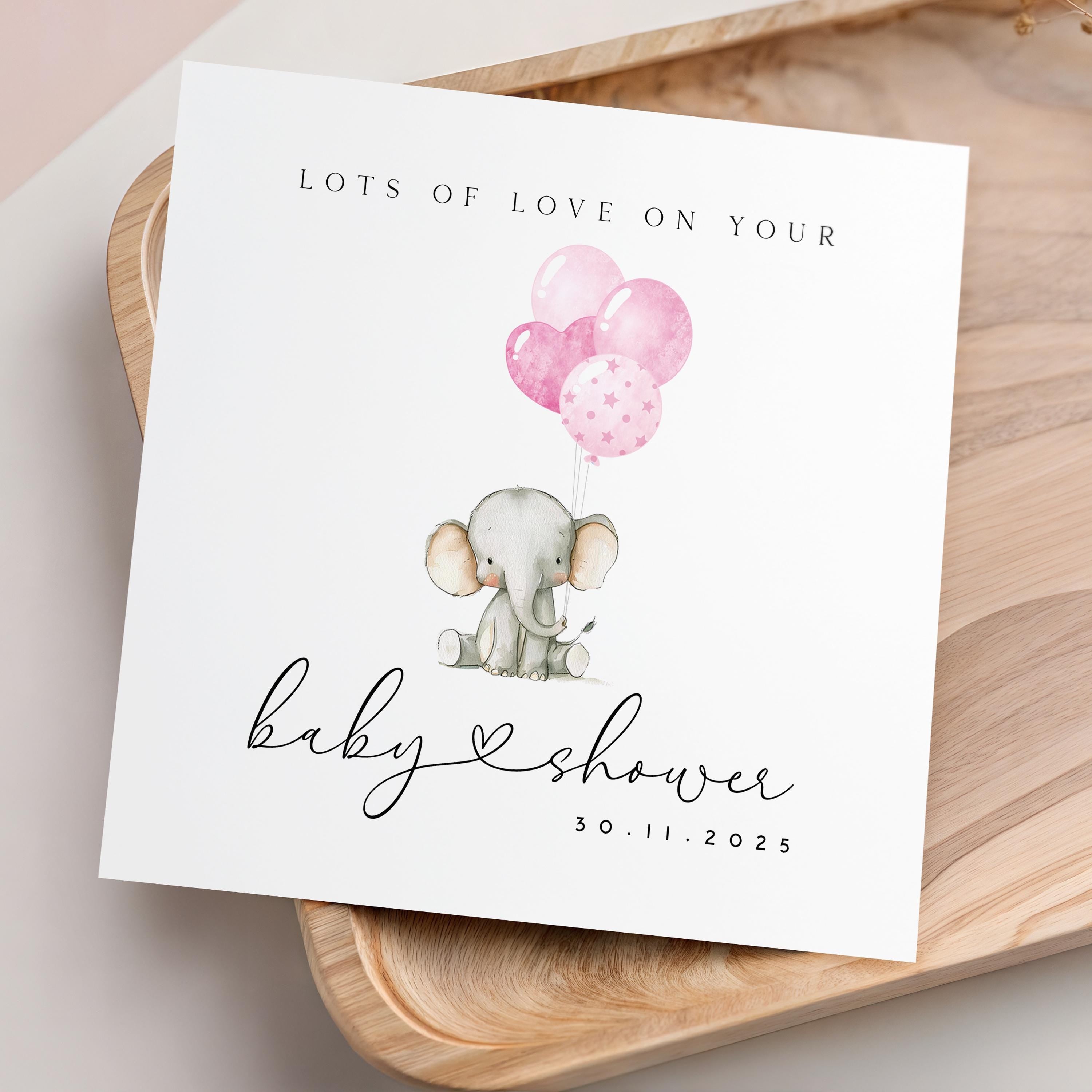 Personalised Baby shower Card, Baby Shower Gift, New Mum To Be, Card For Girl, Baby Shower Card, Handmade Gift, Elephant &amp; Pink Balloon