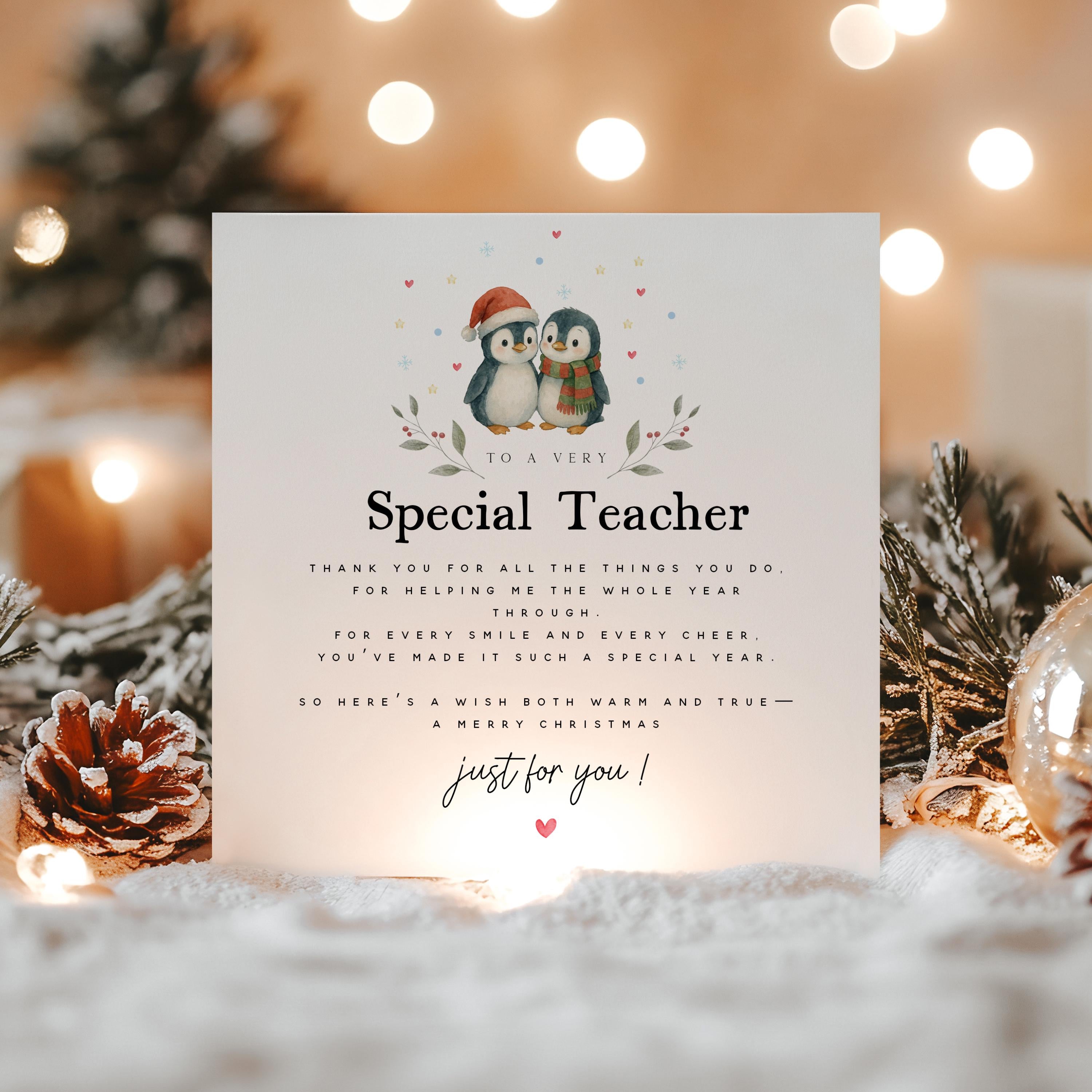 Teacher Christmas Poem Card-Assistant Christmas Card-Christmas Card For Teacher-School Nursery-Teacher Gift-Pre School-Keyworker-Penguin