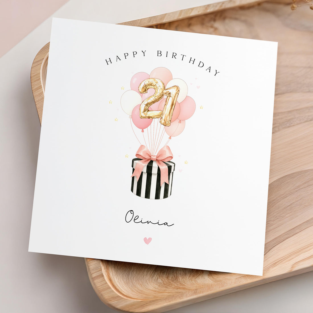 Personalised 21st Birthday Card, Special Milestone Card, Birthday Card For Daughter, Friend, Niece, Pink  Balloons 21, Hat Box, Twenty First