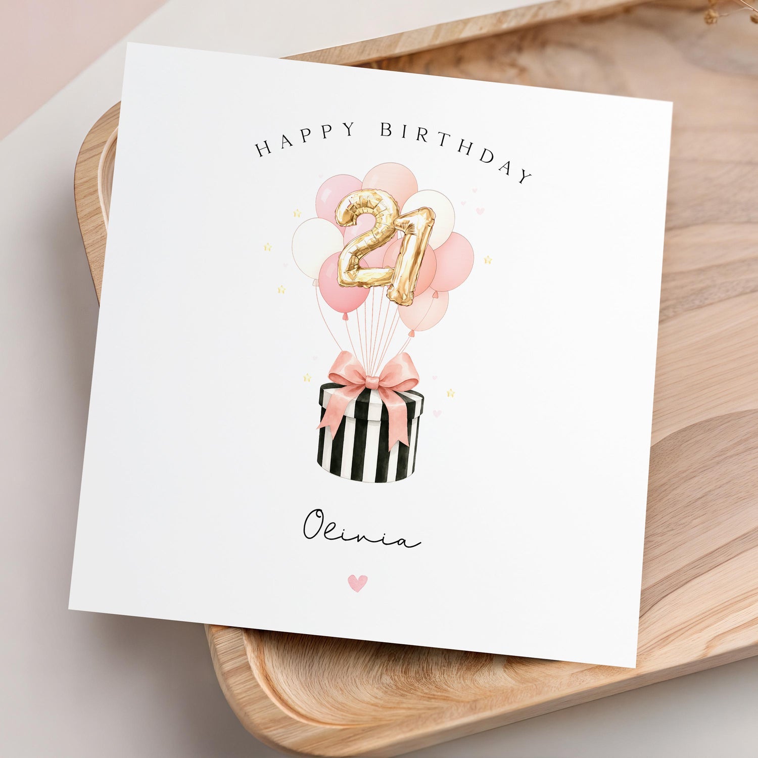Personalised 21st Birthday Card, Special Milestone Card, Birthday Card For Daughter, Friend, Niece, Pink  Balloons 21, Hat Box, Twenty First