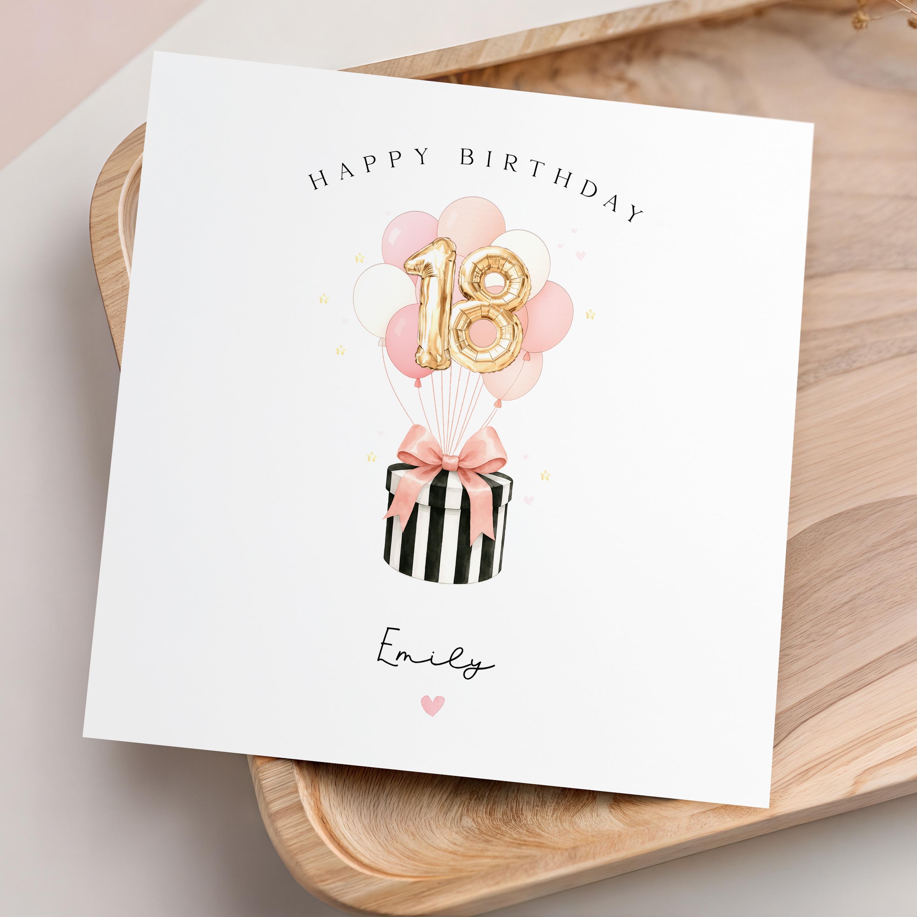 Personalised 18th Birthday Card, Special Milestone Card, Birthday Card For Daughter, Friend, Niece, Pink  Balloons 18, Hat Box, eighteen