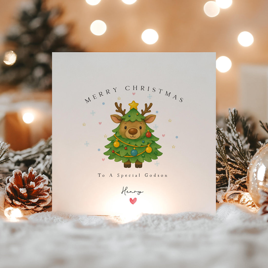 Girls Christmas Card-Personalised Christmas Card For Child-Xmas Card Granddaughter-Daughter-Niece-Goddaughter-Xmas Handmade Reindeer Tree