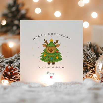 Girls Christmas Card-Personalised Christmas Card For Child-Xmas Card Granddaughter-Daughter-Niece-Goddaughter-Xmas Handmade Reindeer Tree
