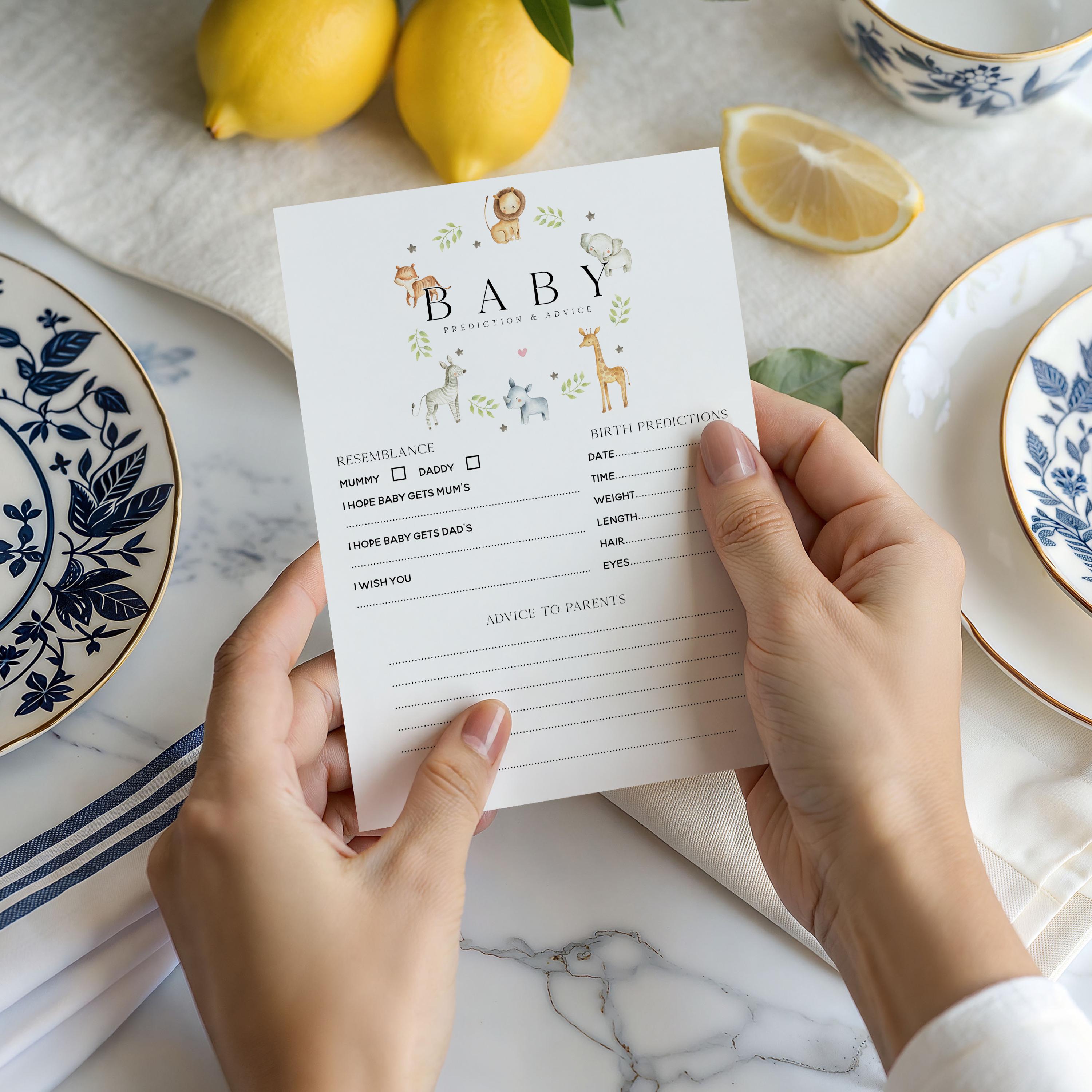 Baby Shower Safari Prediction Advice Cards, Animal Baby Shower, Lion, Giraffe, Gender Neutral, Mum To Be Gender Reveal Party Games Favours