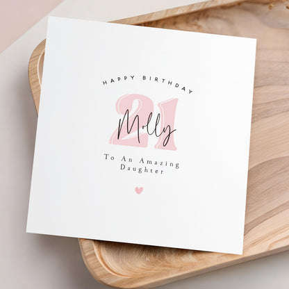 Personalised 21st Birthday Card, Special Milestone Card, Birthday Card For Daughter, Friend, Niece, Pink Heart Balloon 21, Small Pink