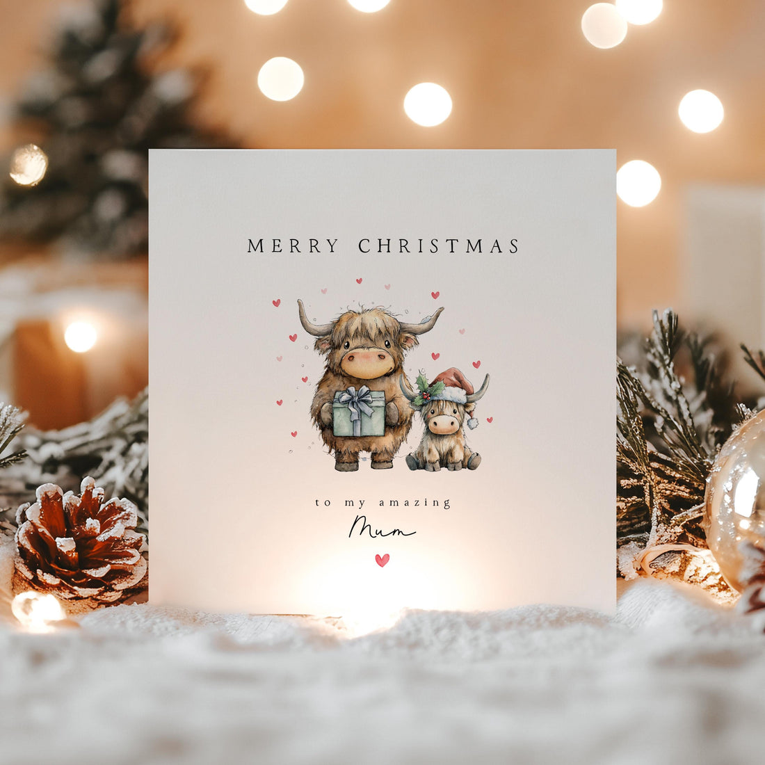 Mum Christmas Card-Personalised Christmas Card-Christmas Card For Mum Mummy Mom Mommy Mam Mammy -Mum Christmas Gift-Custom Card Highland Cow