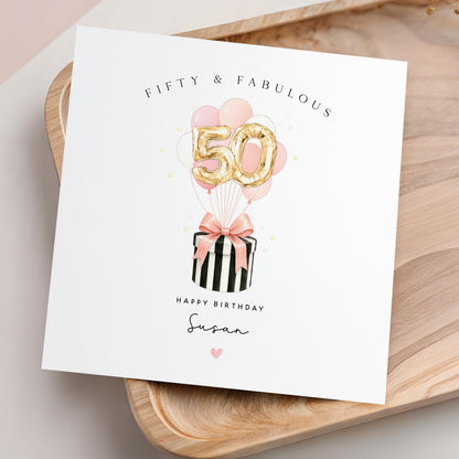 Personalised 50th Birthday Card, Special Milestone Card, Birthday For Daughter, Wife, Black White Hatbox, Gold Balloons 50,Fiftieth