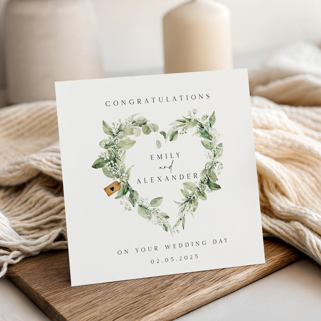 Personalised Wedding Card, Heart Wreath Botanical Greenery, Anniversary Card, Newlyweds, Engagement Card, Wedding Gift, Handmade Gift