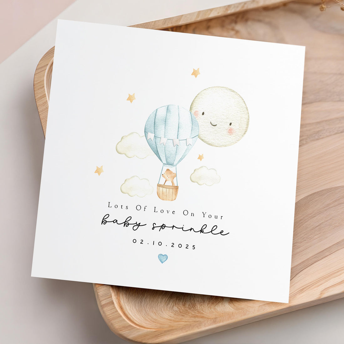 Personalised Baby Sprinkle Card, Baby Shower Card, New Mum To Be, For Boy, Handmade Gift, Blue Hot Air Balloon